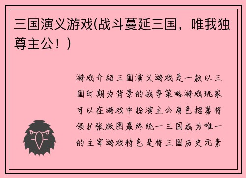 三国演义游戏(战斗蔓延三国，唯我独尊主公！)